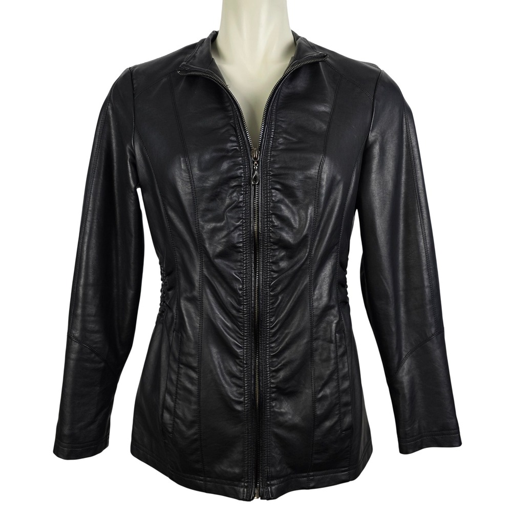 Cleo Petites Women's Faux Leather Moto Jacket Ruched Zip Biker Coat‎ Black XS